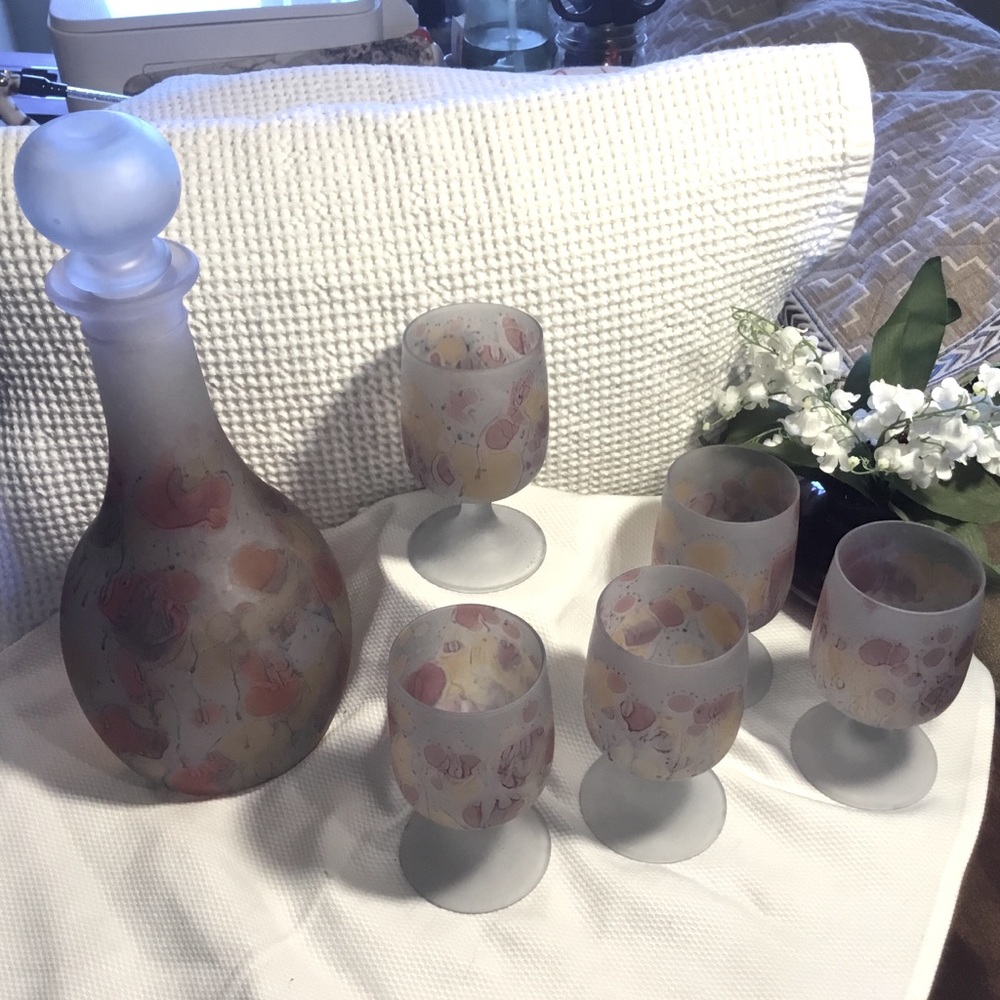 RUEVEN HEBRON HAND PAINTED NOUVEAU ART GLASS DECANTER w/ 5 GOBLETS